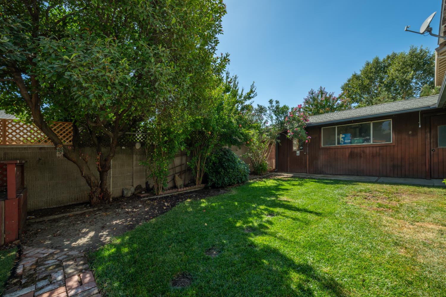 Backyard lawn bordered by mature trees, shrubs, and a wood-sided outbuilding.