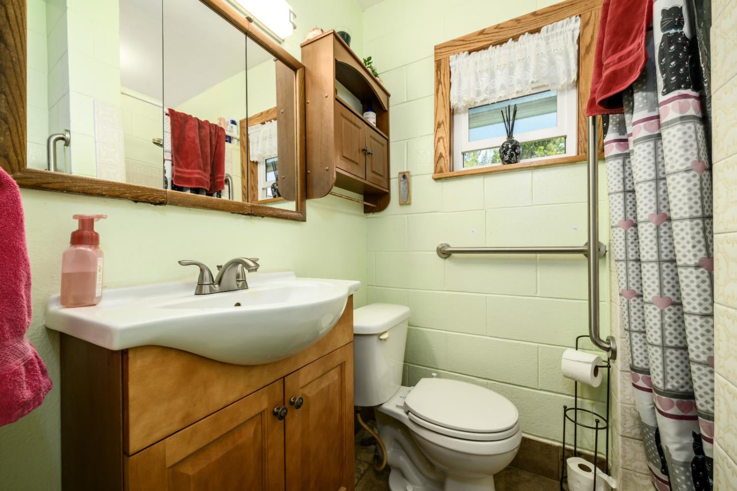 Bathroom with wooden vanity, mirrored medicine cabinet, and patterned shower curtain.