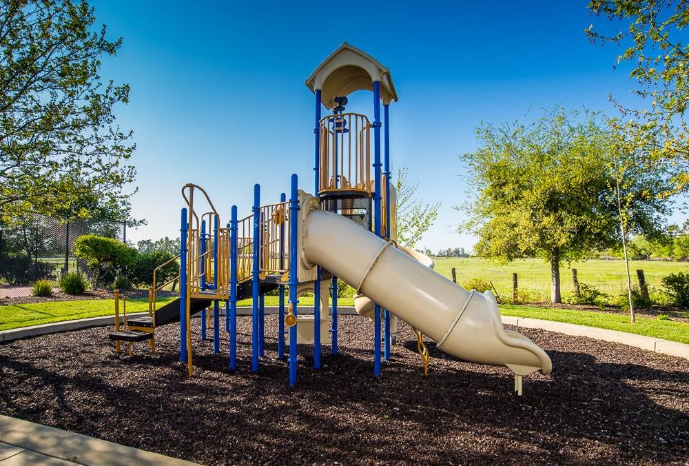 Neighborhood playground with a blue-and-tan climbing structure and large enclosed slide.