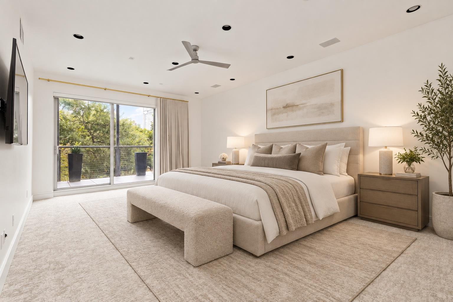 Bedroom with a king bed and bench beside sliding glass doors to a tree-lined balcony.