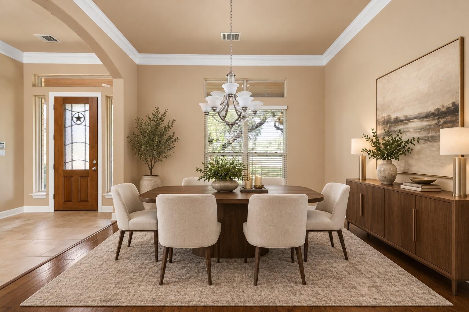 Dining room with an oval wood table, cream chairs, chandelier, and wooden sideboard.