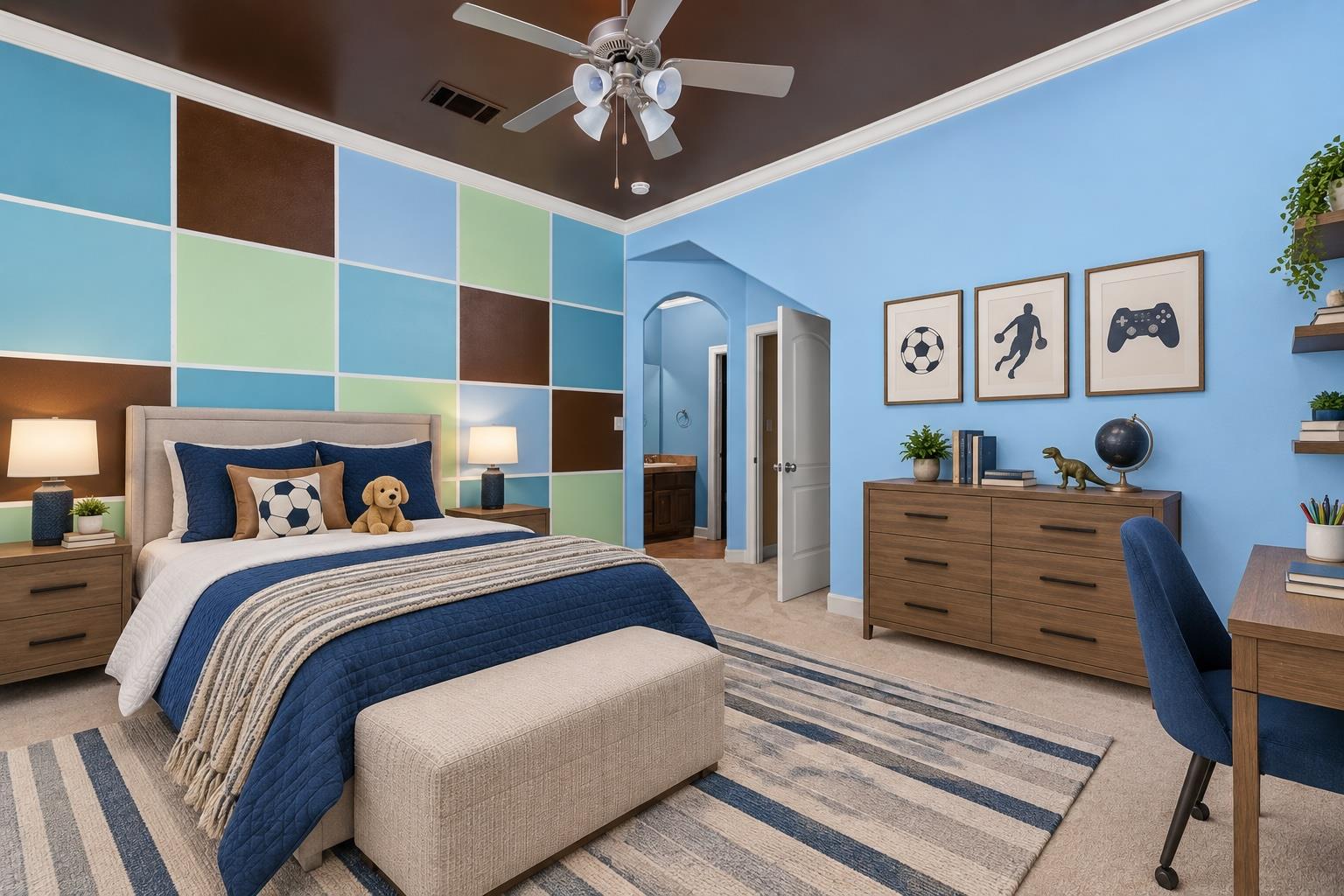 Staged bedroom with navy bedding, a colorful geometric accent wall, and sports-themed artwork.