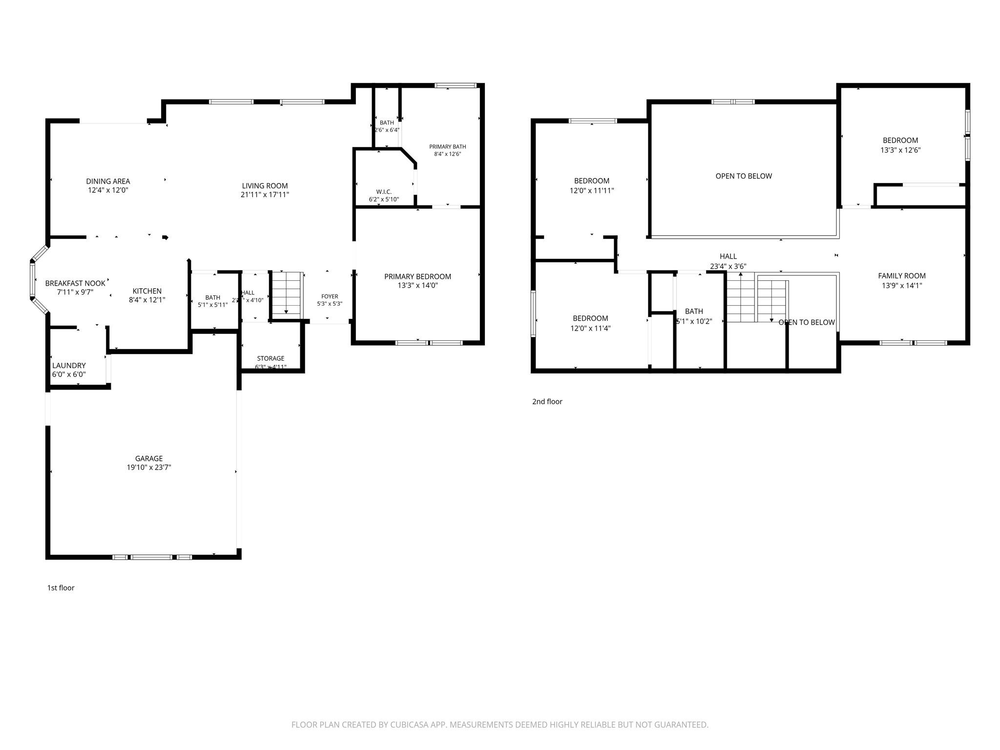 Two-story floor plan with room dimensions, a first-floor garage, and upstairs open-to-below areas.