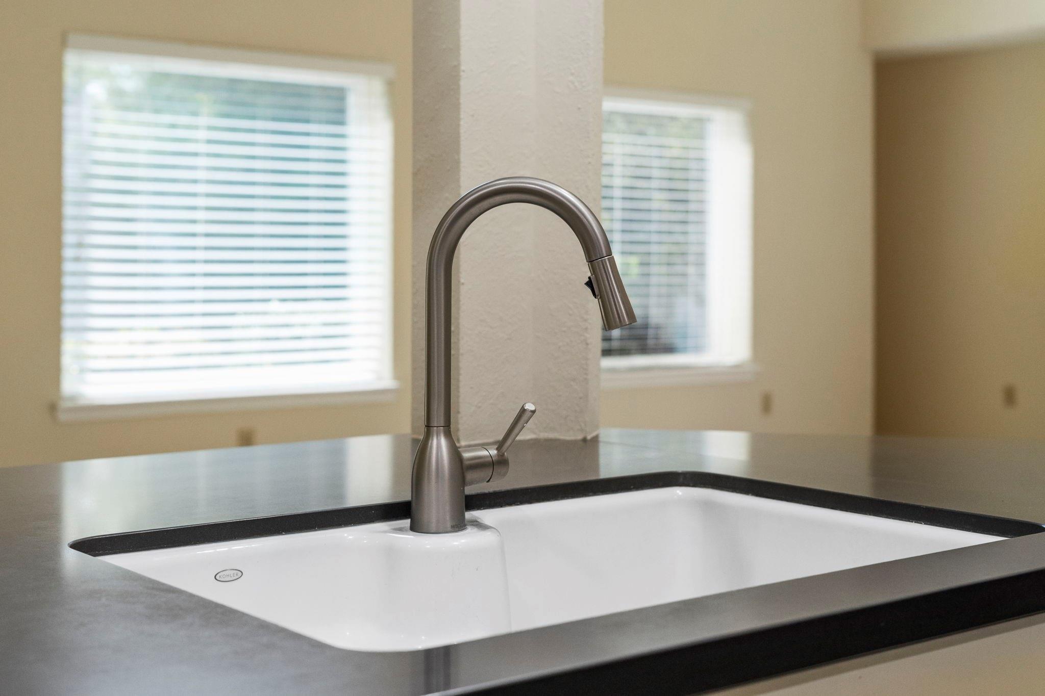 Kitchen sink with a brushed-metal gooseneck faucet and dark countertop.