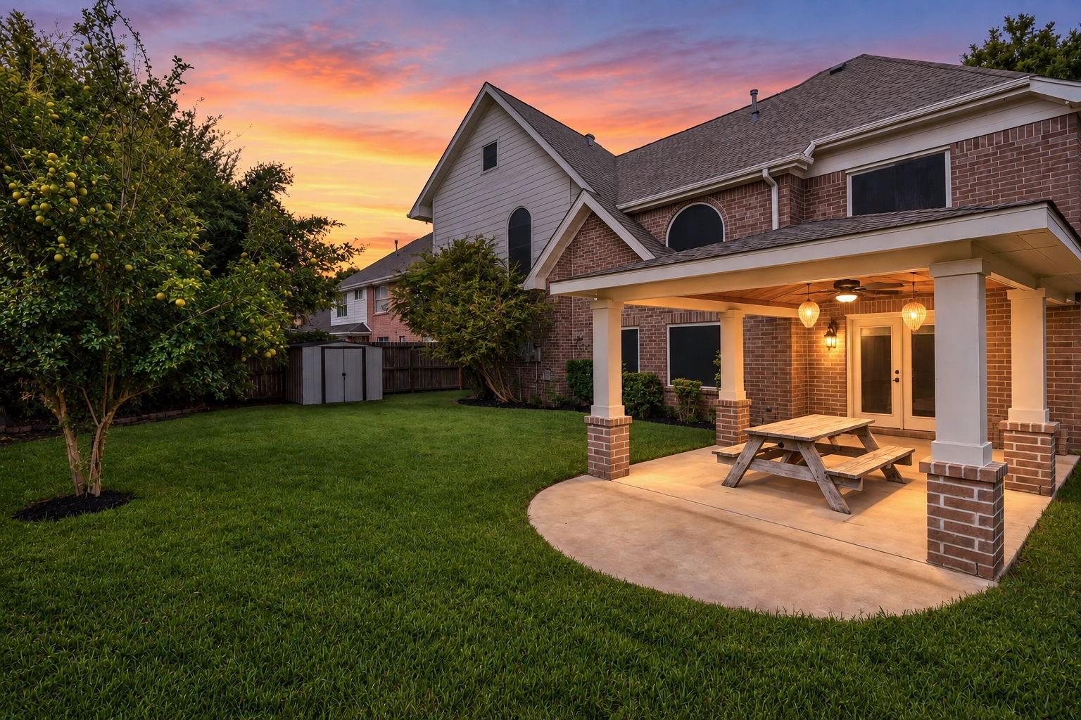 Two-story brick home with a covered backyard patio, picnic table, and fruit trees at dusk.