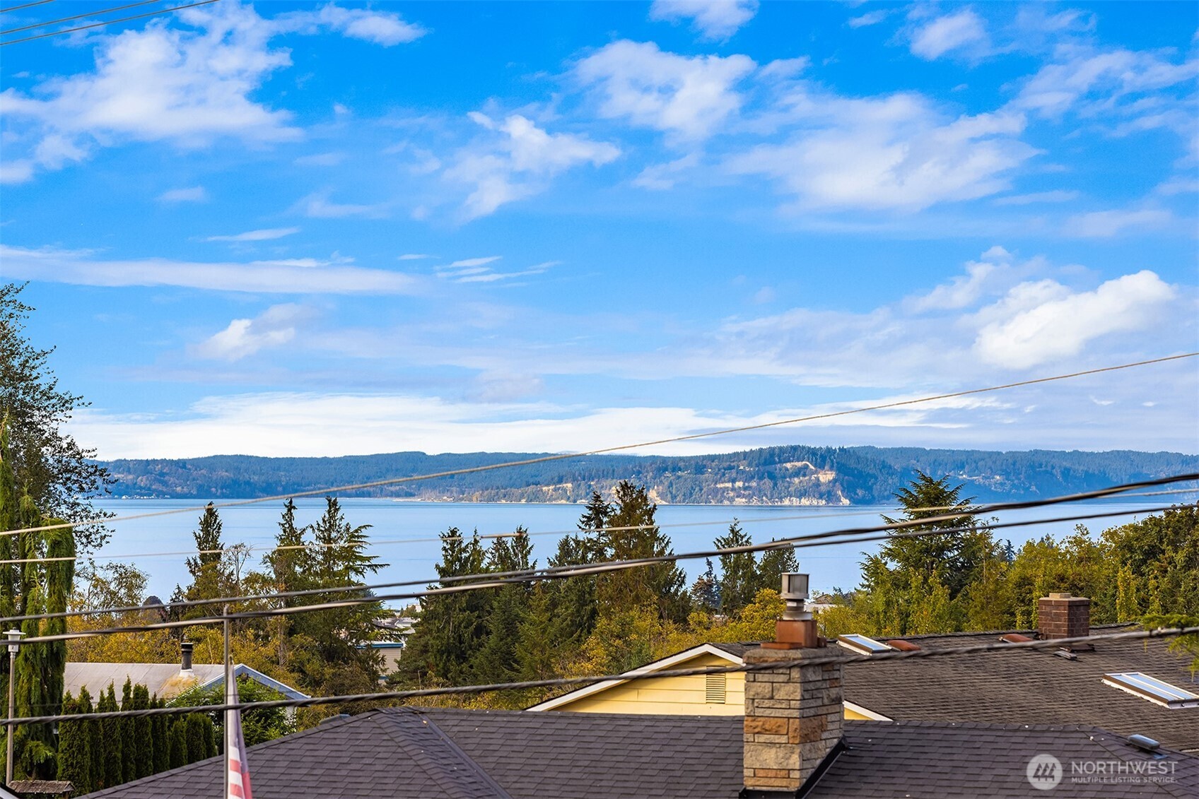 Water and wooded shoreline viewed over neighborhood rooftops, with utility wires crossing the foreground.
