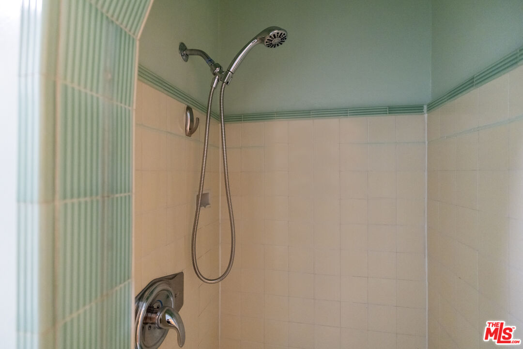 Tiled shower with chrome handheld showerhead and pale green accents.