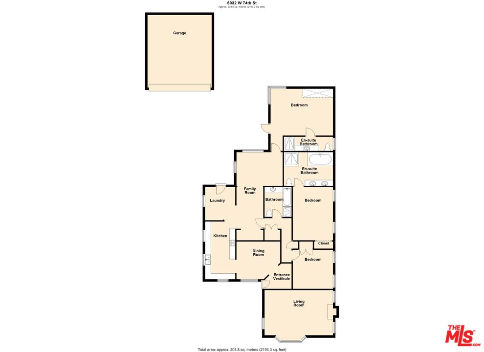 Floor plan of 6032 W 74th St showing three bedrooms, a separate garage, and approximately 2,193 square feet.