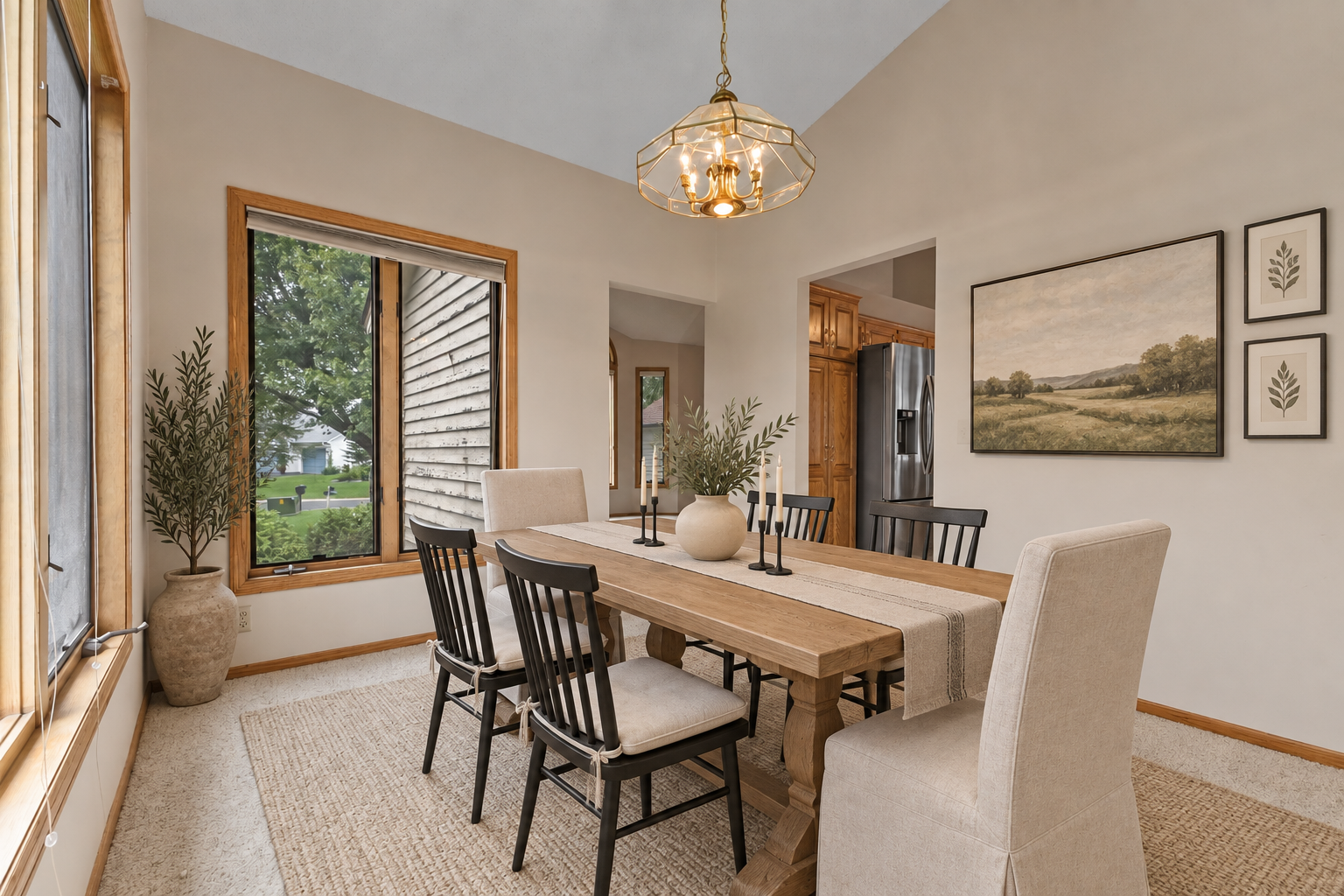 Dining room with a long wooden table, mixed chairs, pendant chandelier, and large windows overlooking greenery.