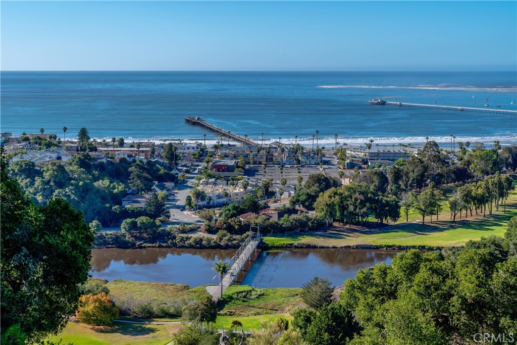 Coastal panorama with a creek footbridge, seaside town, pier, and ocean.