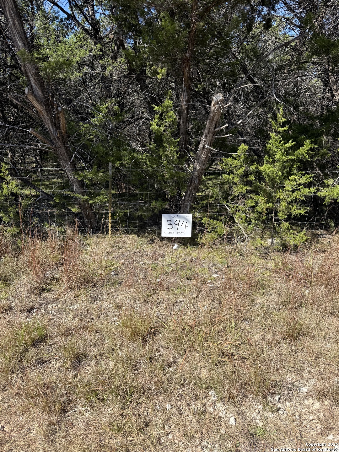 Vacant 4.02-acre lot with dry grass, a wire fence, trees, and a Lot 394 sign.