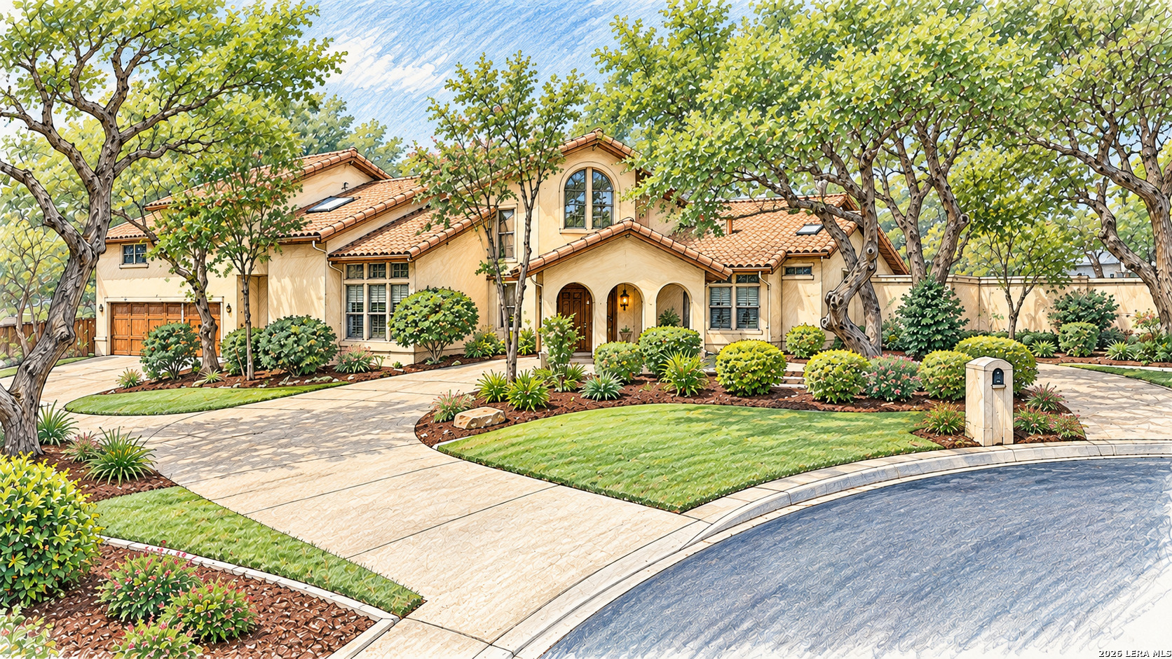 Two-story stucco home with terracotta tile roofs, arched windows, and mature trees framing the landscaped front yard.