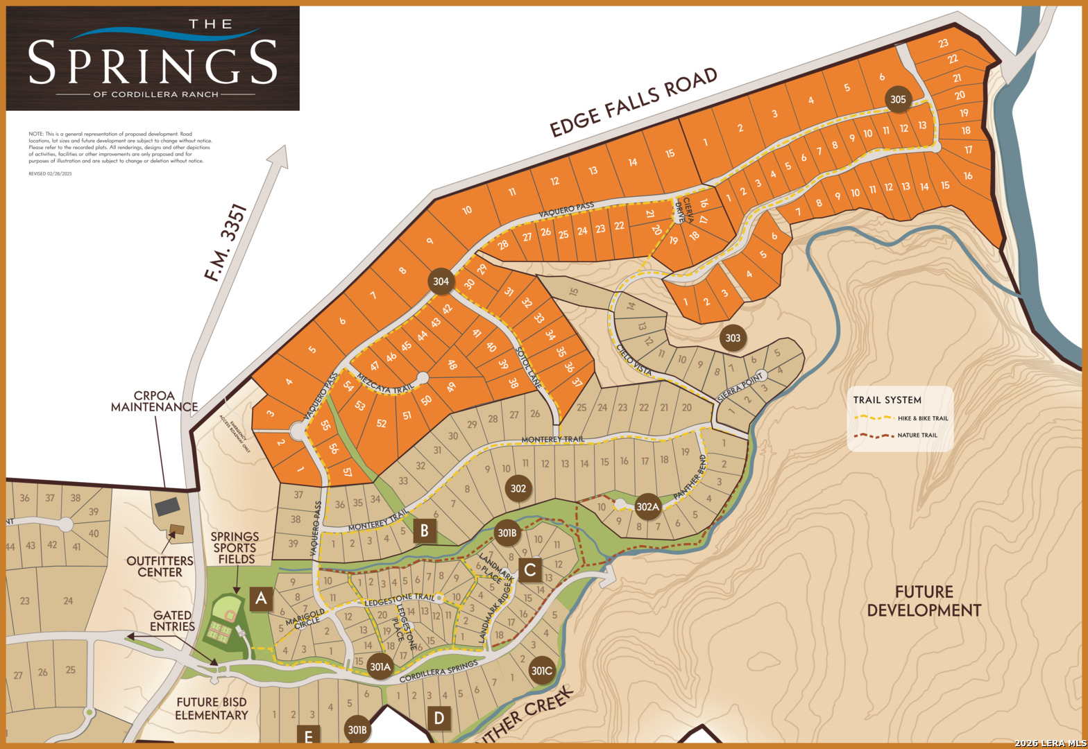 The Springs of Cordillera Ranch map with numbered lots, roads, trails, and community amenities.