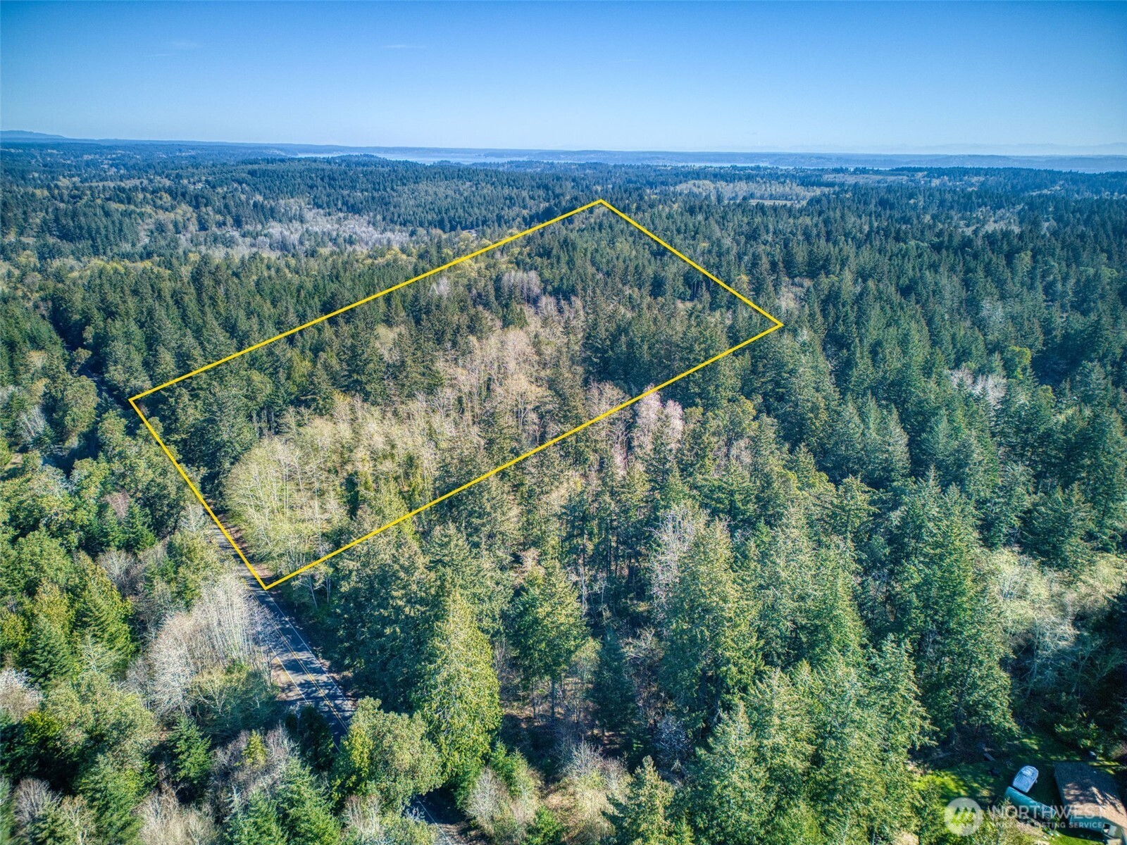 Aerial view of a wooded parcel outlined in yellow, with a road nearby and water on the horizon.