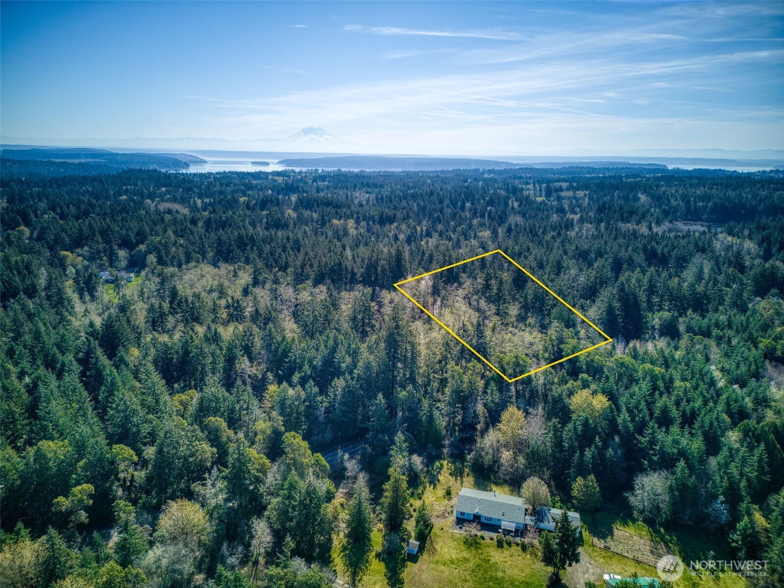 Aerial view of a wooded parcel outlined in yellow, with water and a distant mountain beyond the forest.