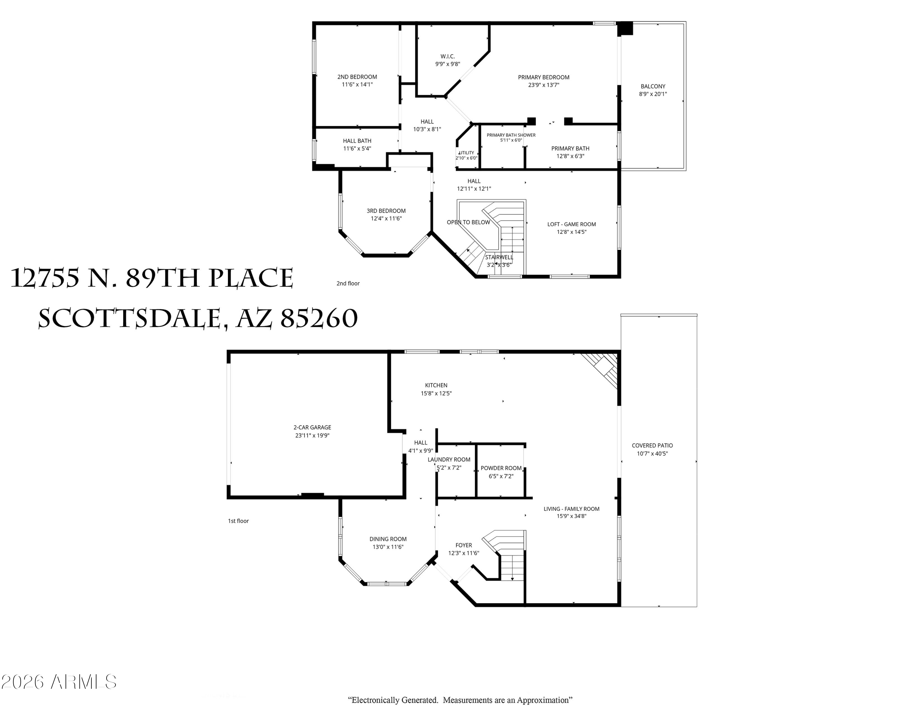 Two-level floor plan showing three bedrooms, a loft-game room, two-car garage, and covered patio.