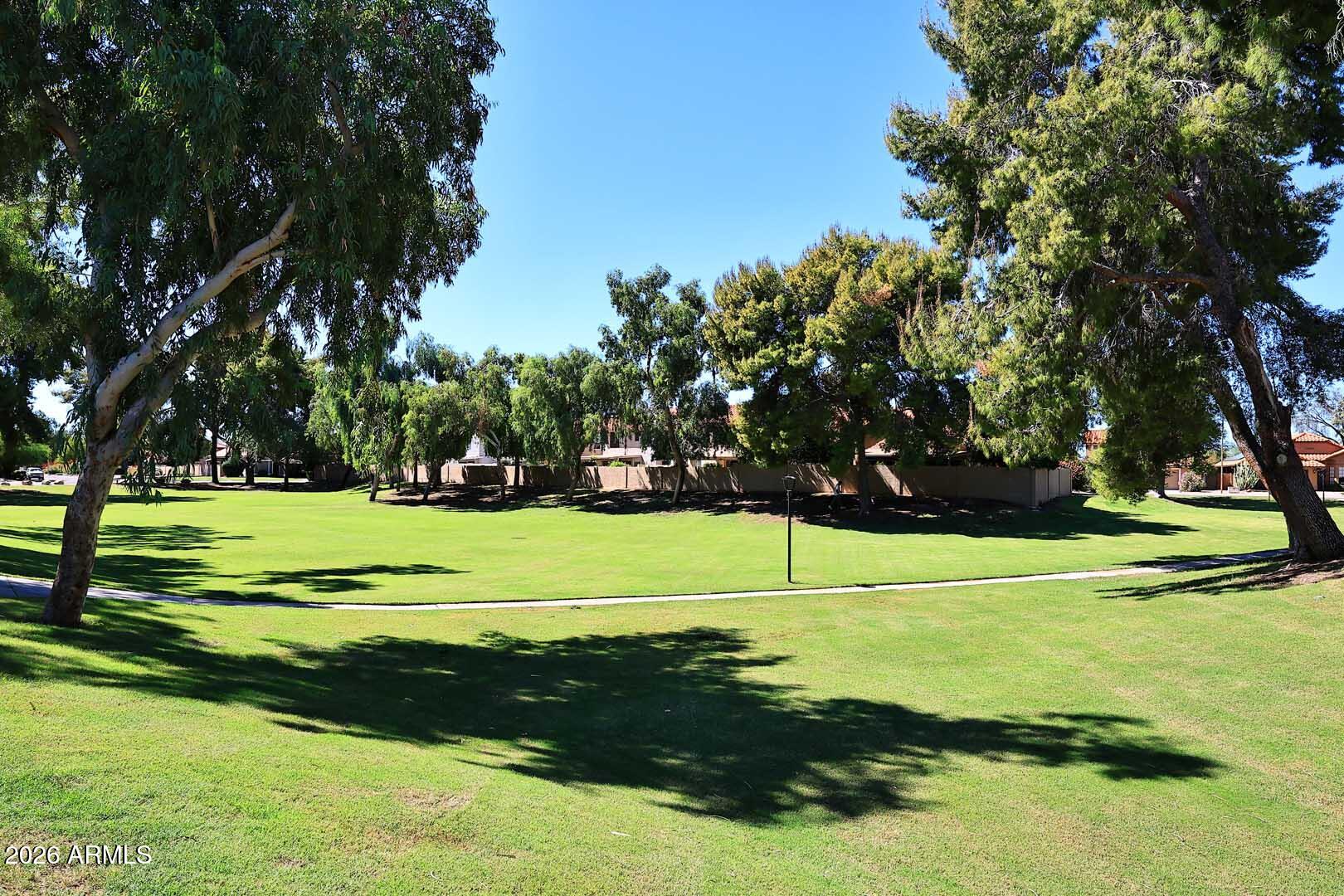 Neighborhood greenbelt with a wide lawn, mature shade trees, and a curving sidewalk.