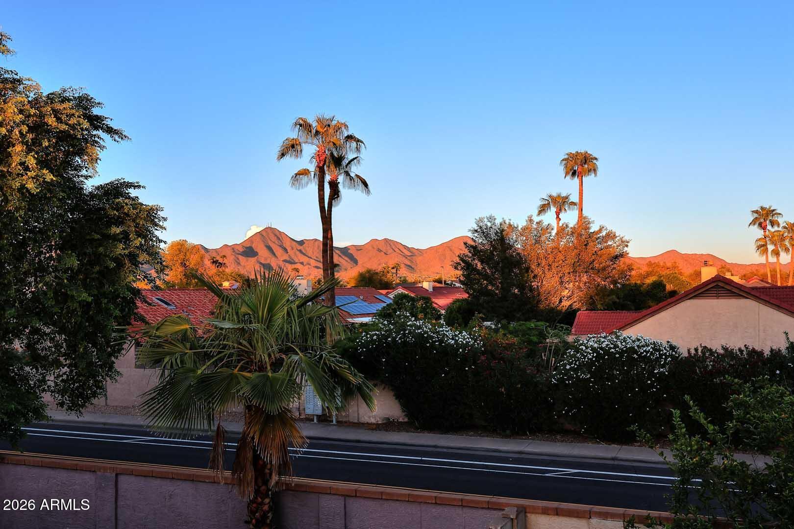 Scottsdale neighborhood rooftops and palm trees with mountains glowing in golden-hour light.