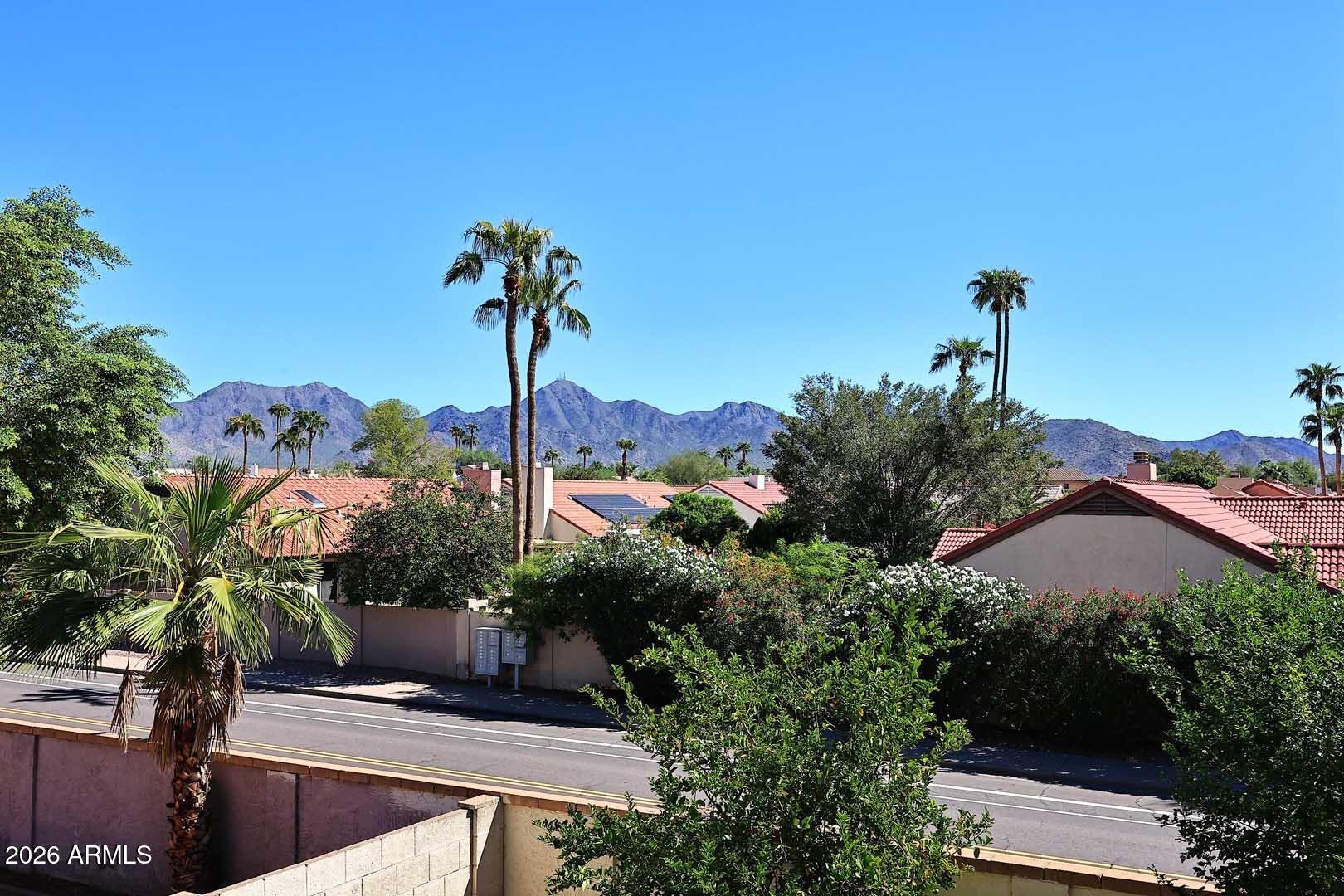 Mountain views above Scottsdale homes and palm trees.