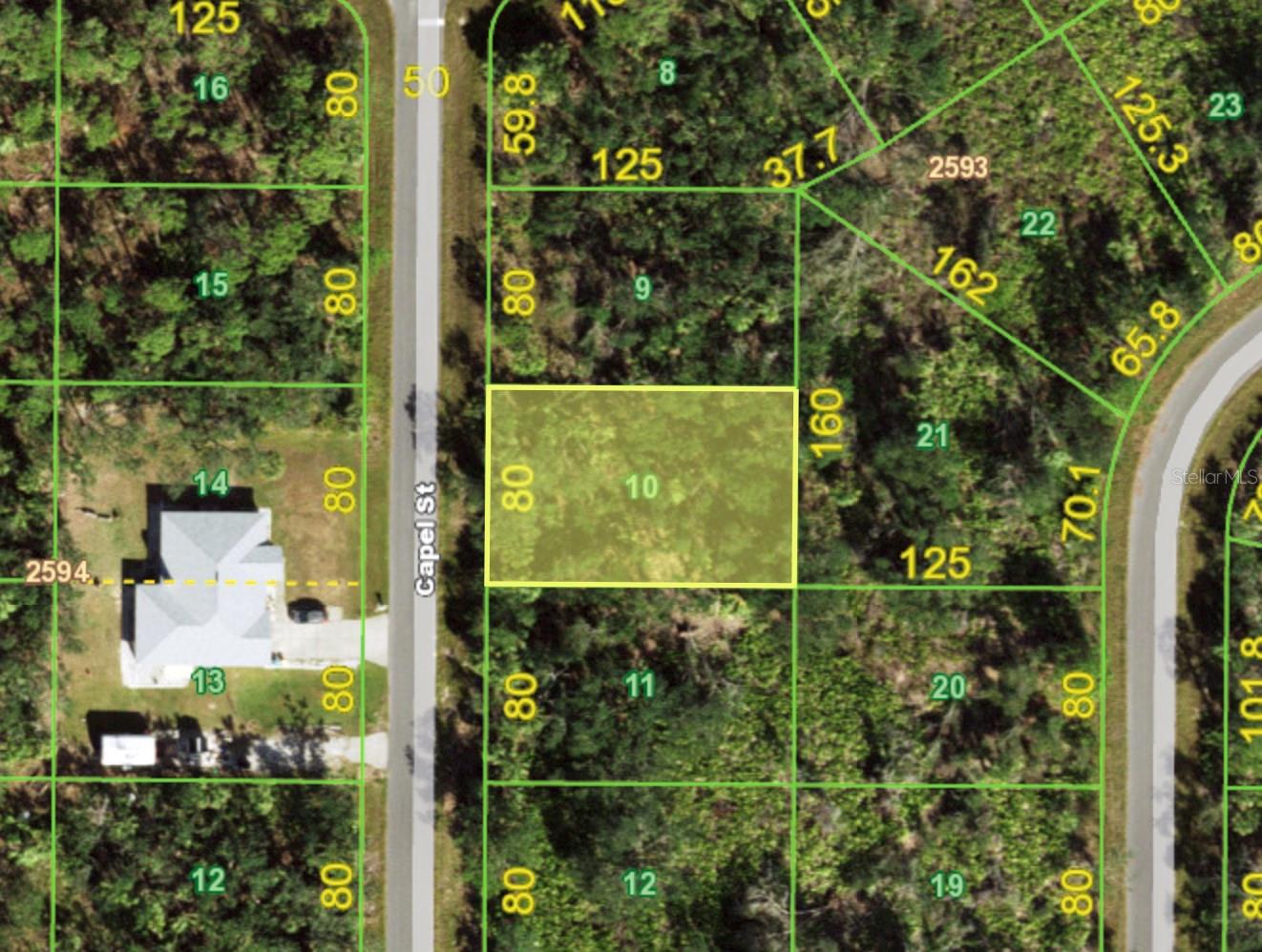 Aerial parcel map highlighting wooded lot 10 along Capel St.