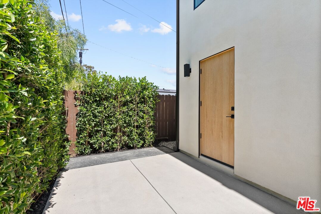 Modern entry courtyard with a natural-wood door, concrete paving, and tall green hedges.