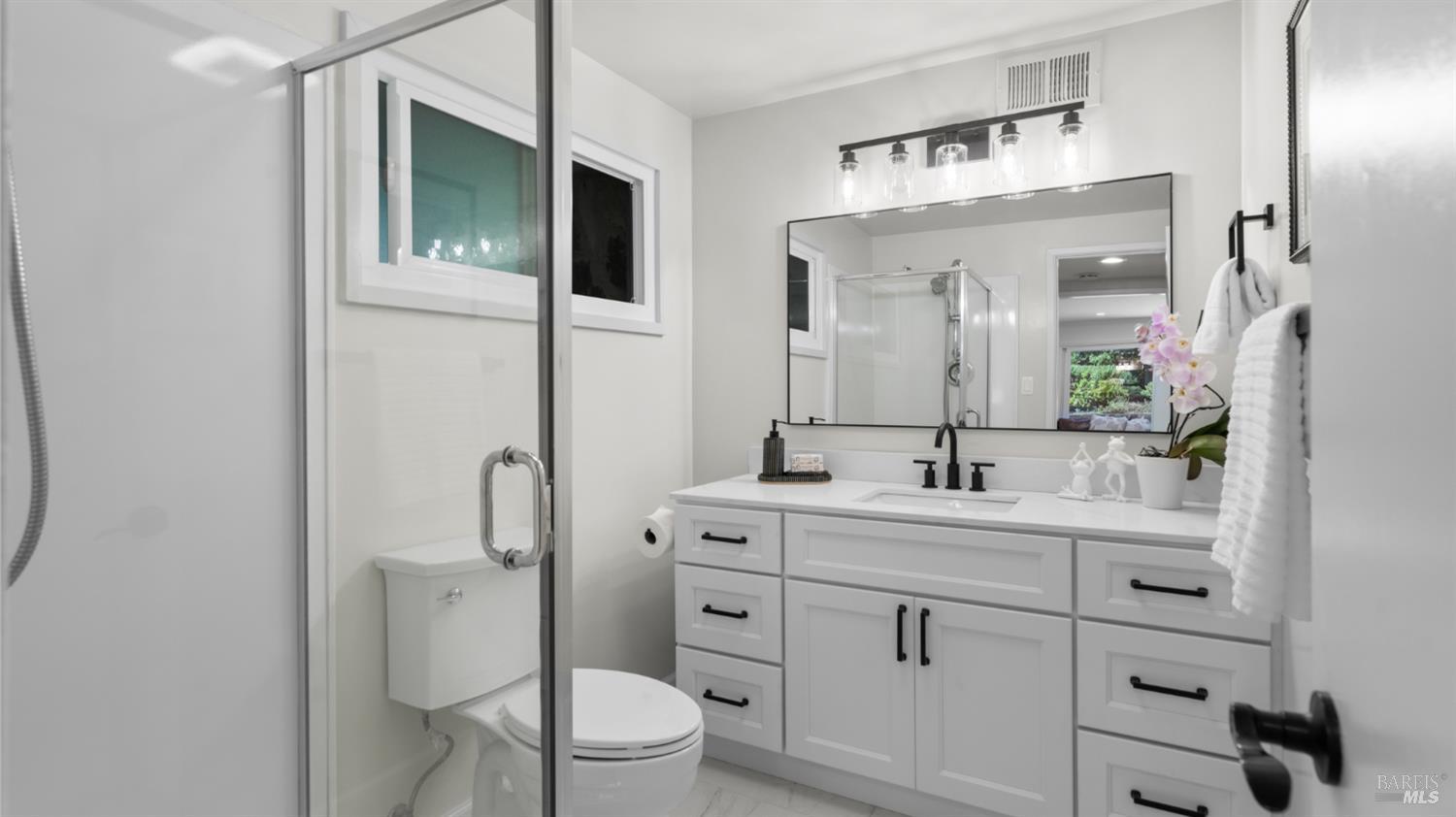 Bathroom with glass shower, white vanity, black fixtures, and a pink orchid.