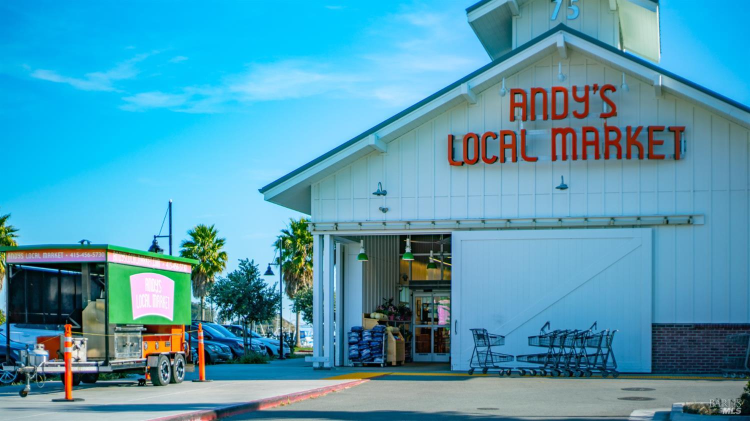 Andy's Local Market storefront with shopping carts and a green delivery truck outside.