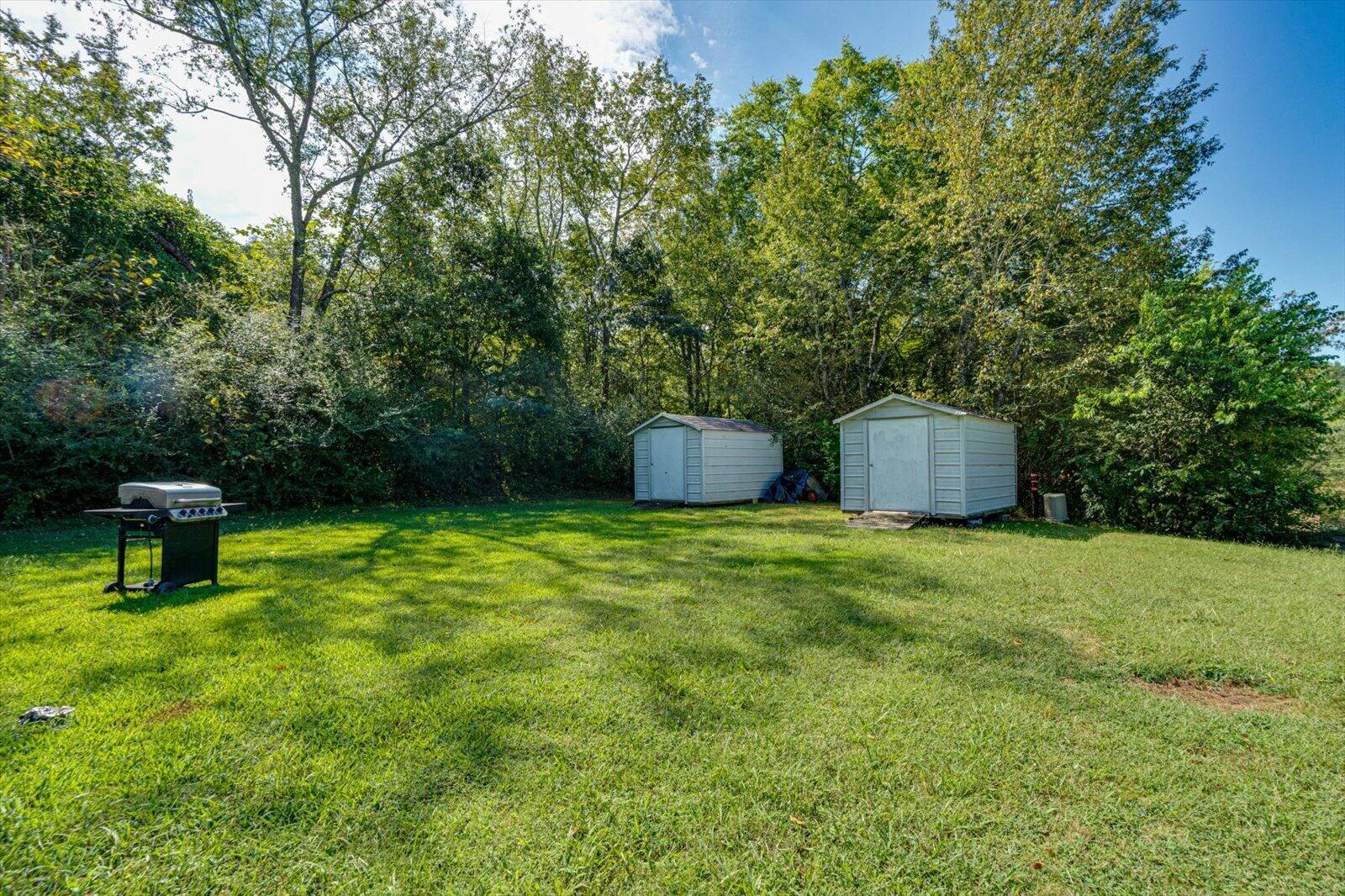 Grassy backyard with two storage sheds and a barbecue grill, bordered by trees.