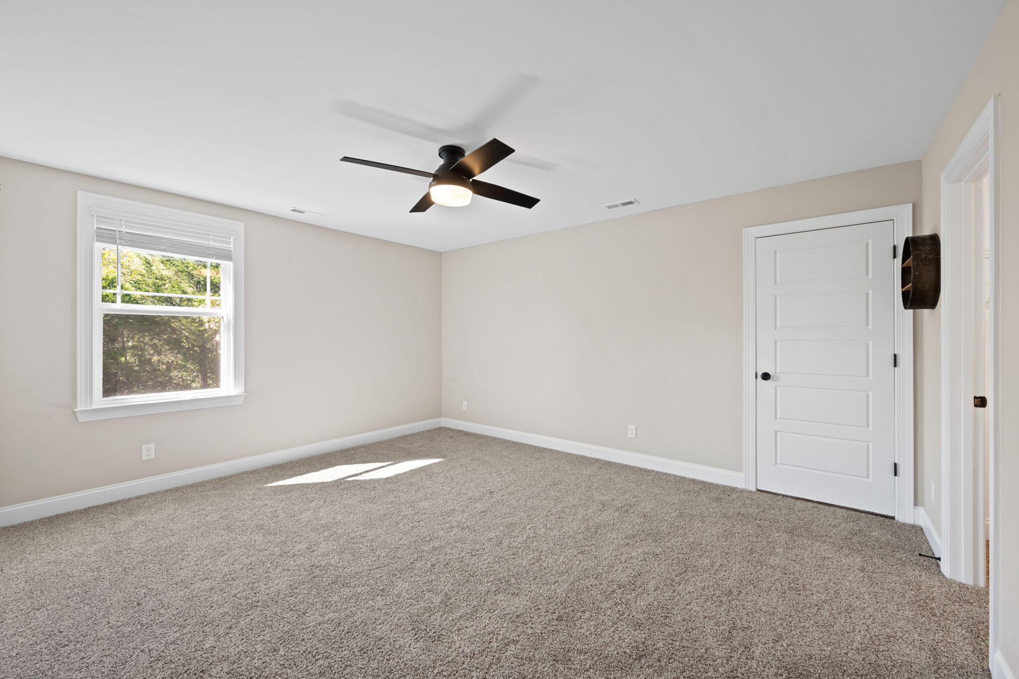 Empty carpeted bedroom with a black ceiling fan and a sunlit window.