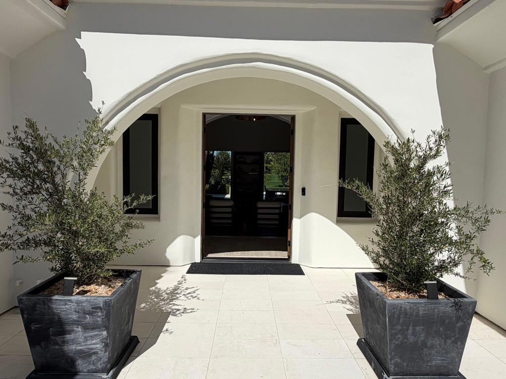 Arched front entry with dark-framed windows and matching potted olive trees.