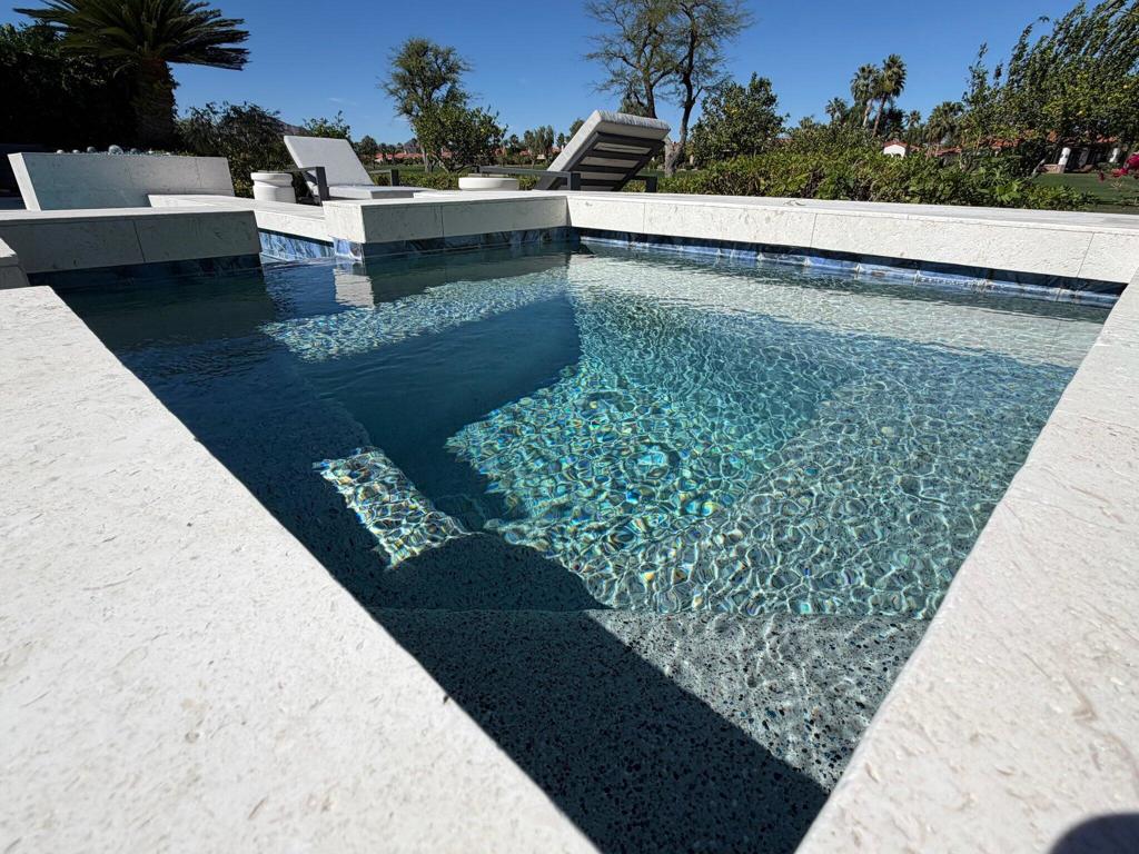 Swimming pool with a raised spa section and white stone coping in a landscaped yard.