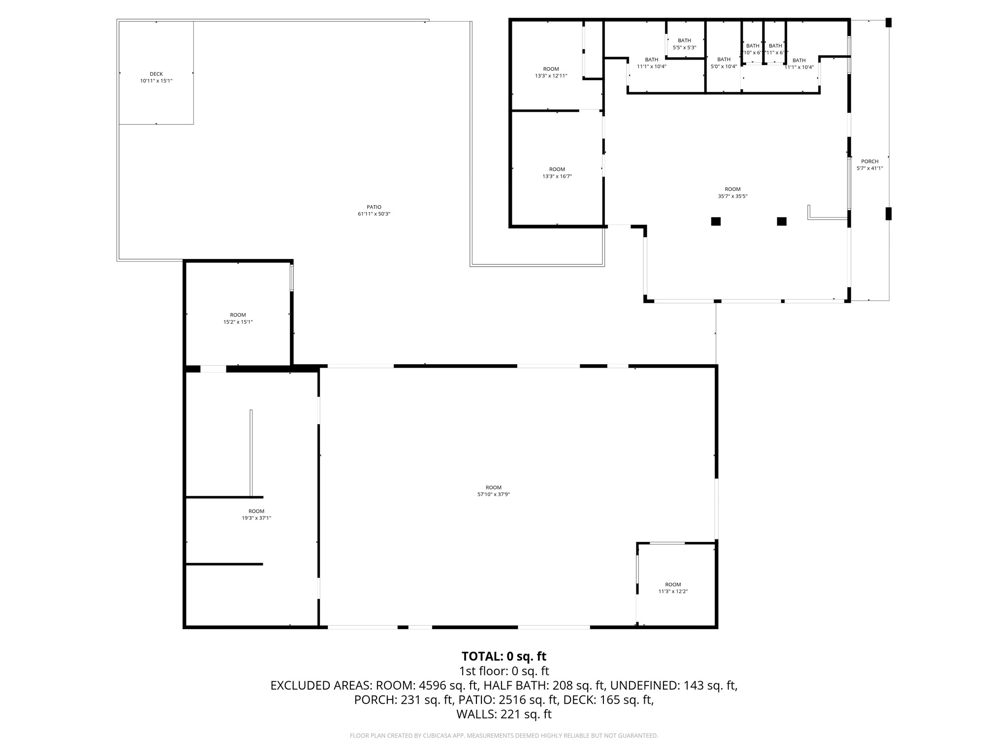 Floor plan with labeled rooms, bathrooms, and large patio, deck, and porch areas.