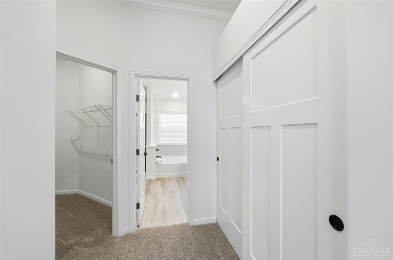 Carpeted hallway with a white sliding barn door, open wire-shelf closet, and bathtub visible beyond.