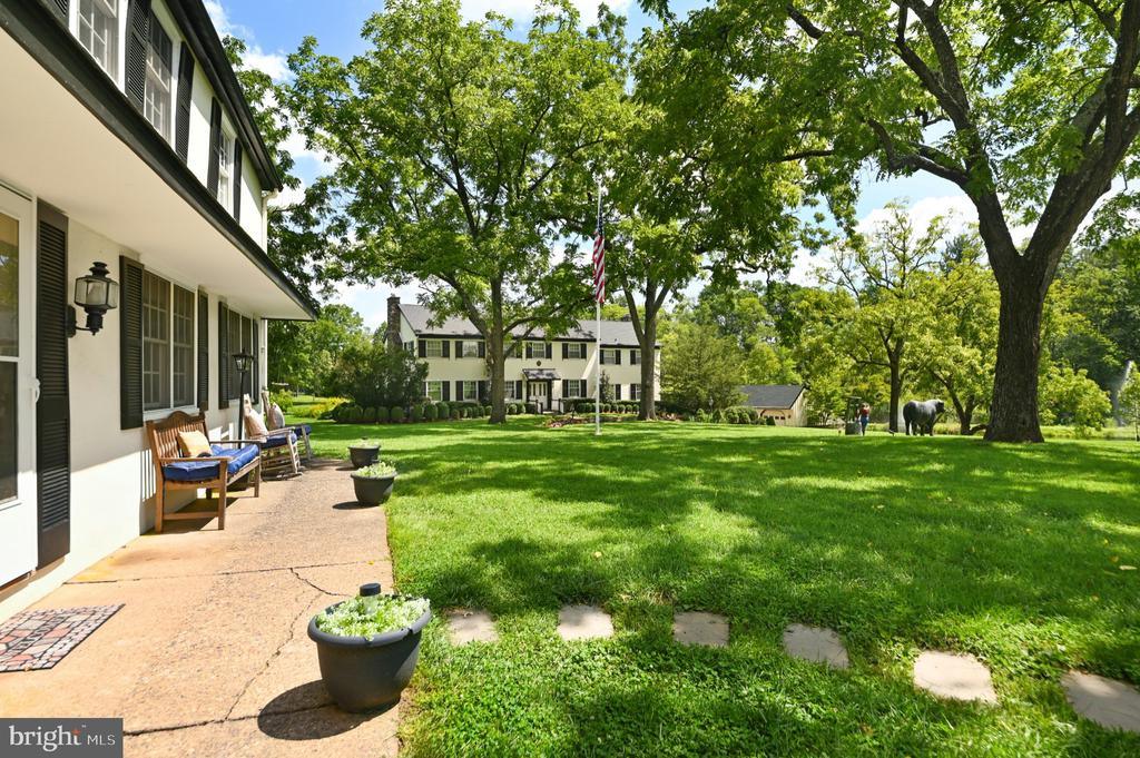 White home and expansive lawn beneath mature trees, with a patio and horse in the distance.