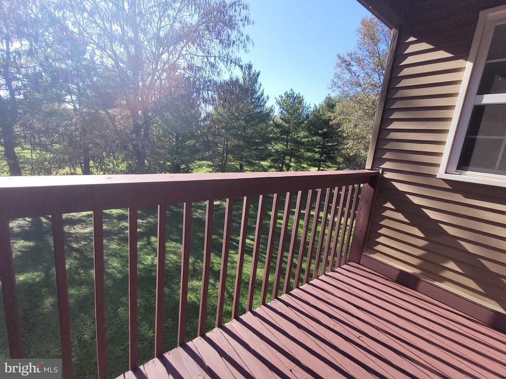 Wooden deck overlooking a grassy yard and mature trees.