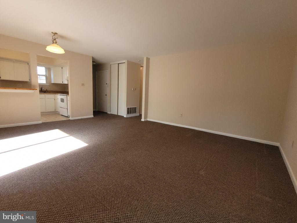 Empty living room with brown carpeting and sunlight, with the kitchen visible through an opening.