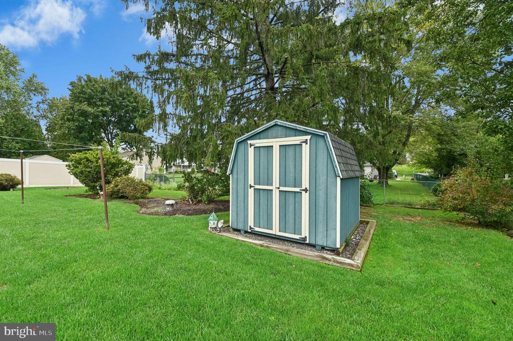Backyard with a blue-and-white garden shed, broad lawn, and mature trees.