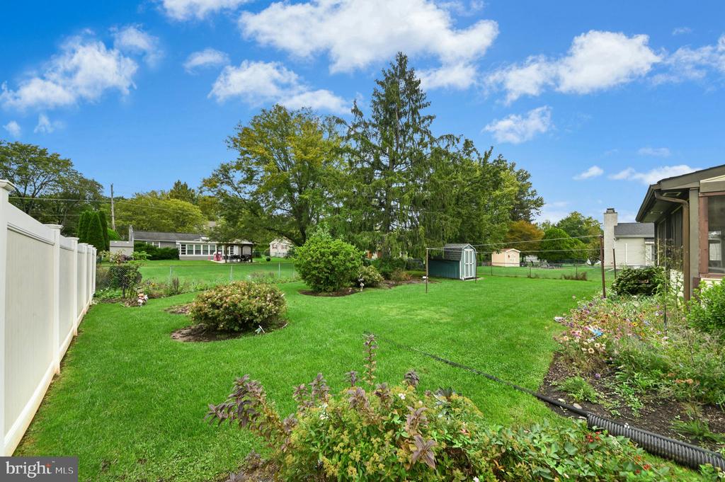 Backyard with a broad lawn, white privacy fence, mature trees, and a small shed.
