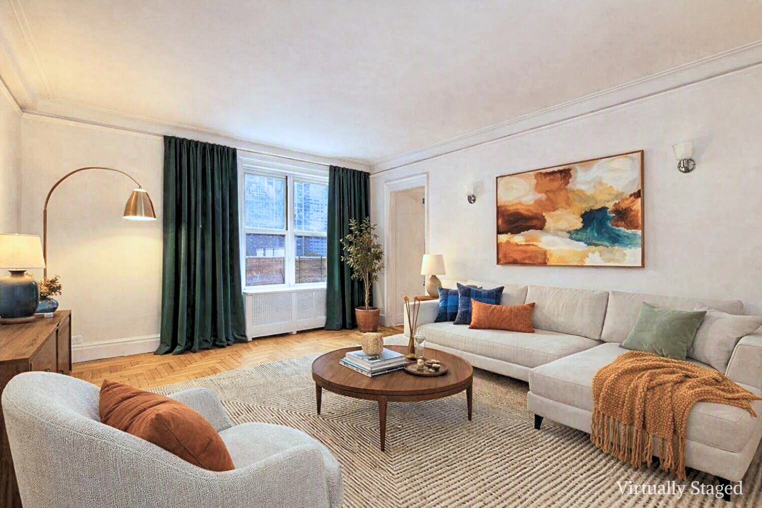Virtually staged living room with a light sectional, parquet floors, and tall curtained windows.