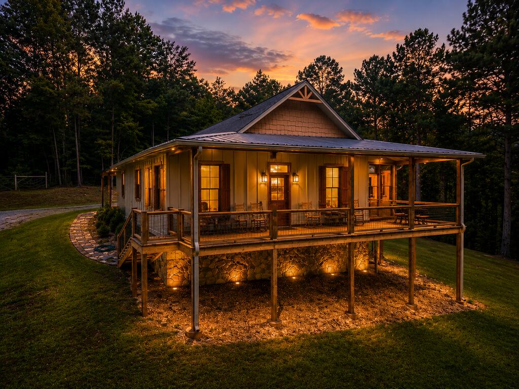 Raised cabin with an illuminated covered porch, stone foundation, and wooded sunset backdrop.