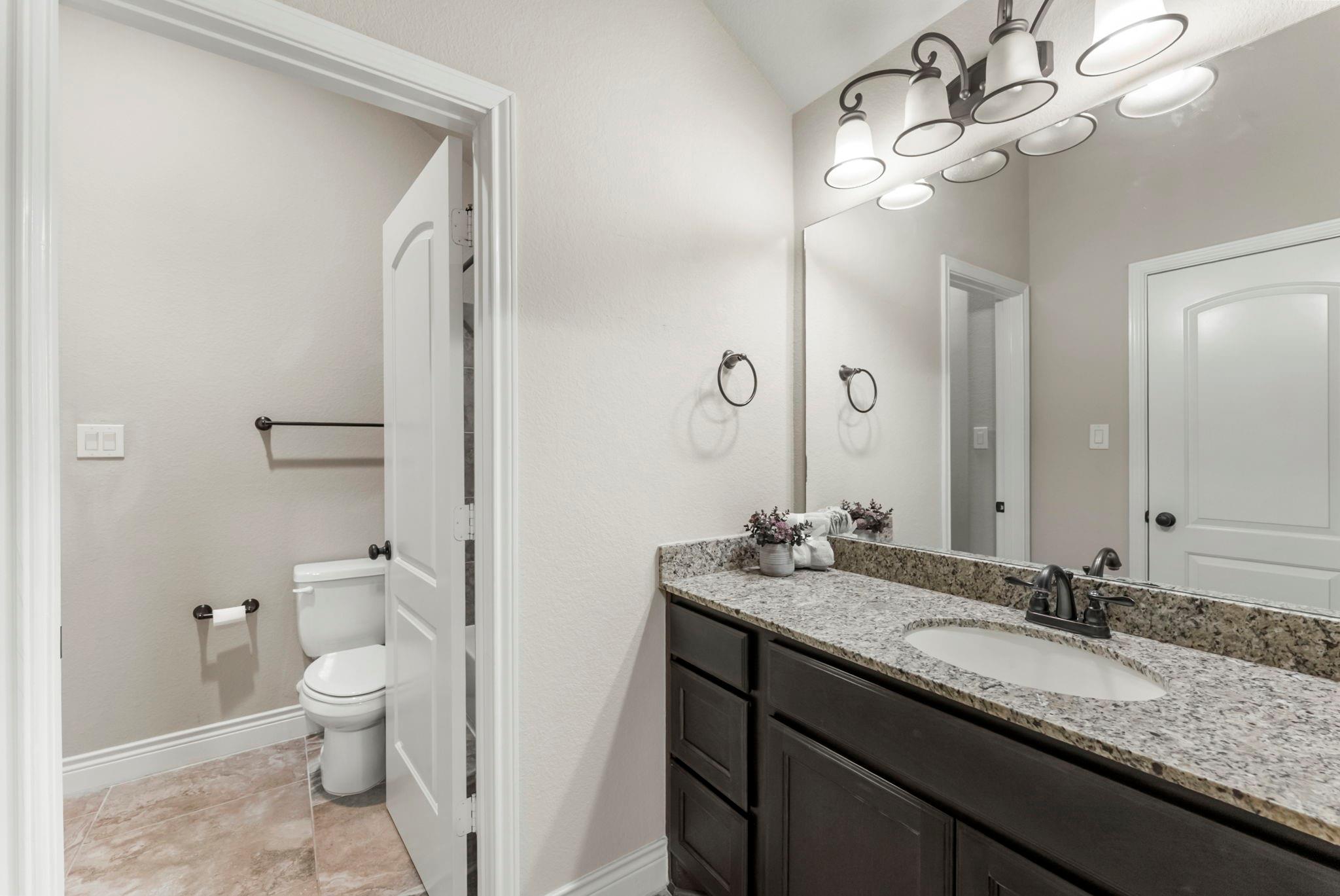 Bathroom with granite vanity, dark cabinets, large mirror, and toilet alcove.