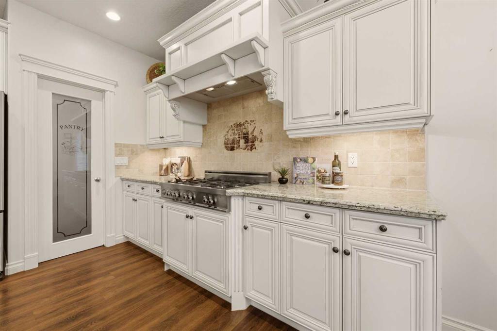 Kitchen with white cabinetry, a stainless steel range, stone counters, and a glass-panel pantry door.