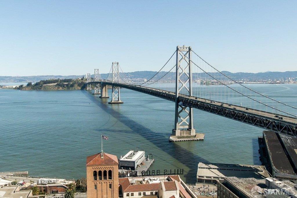 Bay and San Francisco–Oakland Bay Bridge view, with the bridge stretching across the water.