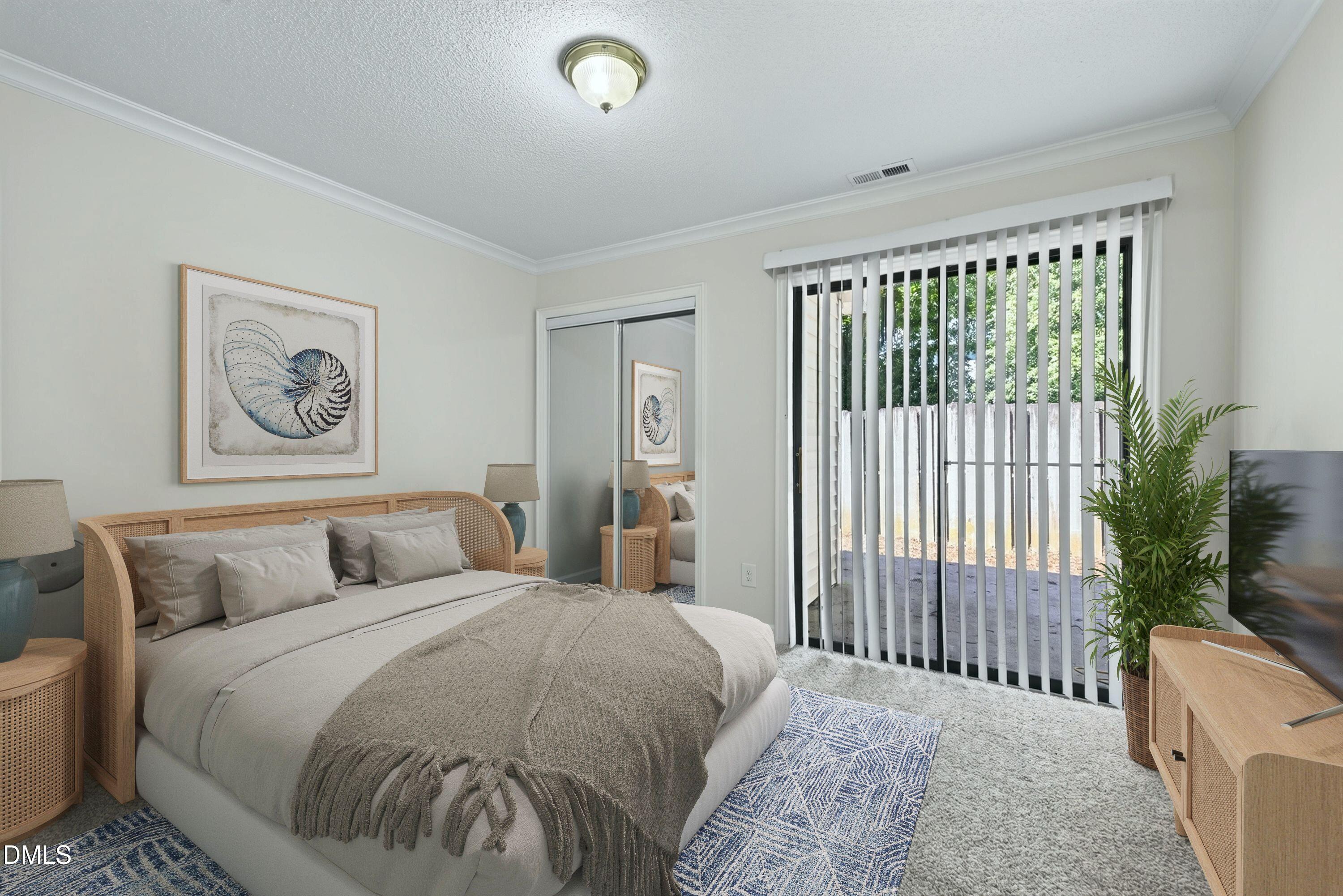 Furnished bedroom with a rattan bed, shell artwork, mirrored closet doors, and patio doors with vertical blinds.