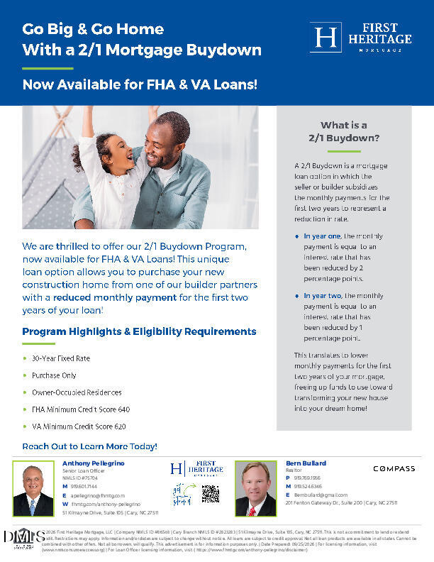 Mortgage flyer promoting a 2/1 buydown, FHA and VA loans, with program requirements and contact information.