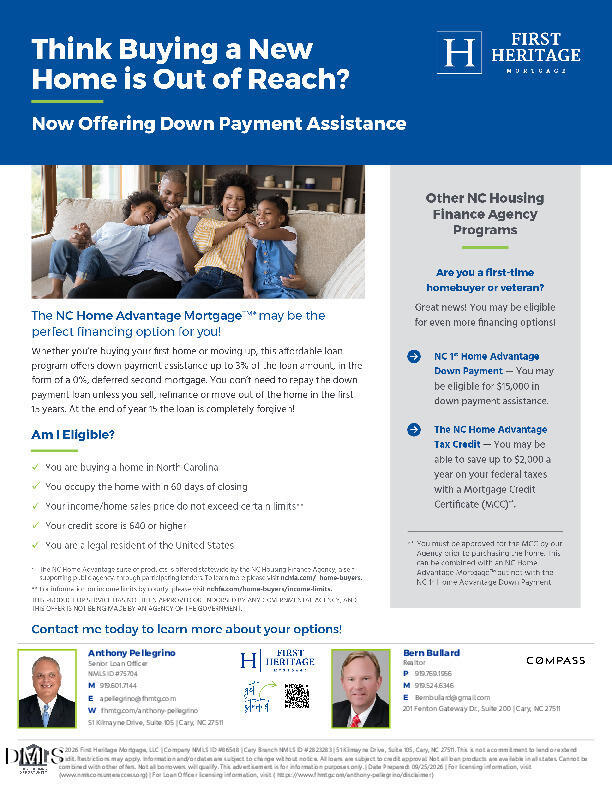 Down payment assistance flyer from First Heritage Mortgage featuring North Carolina program information and agent contacts.