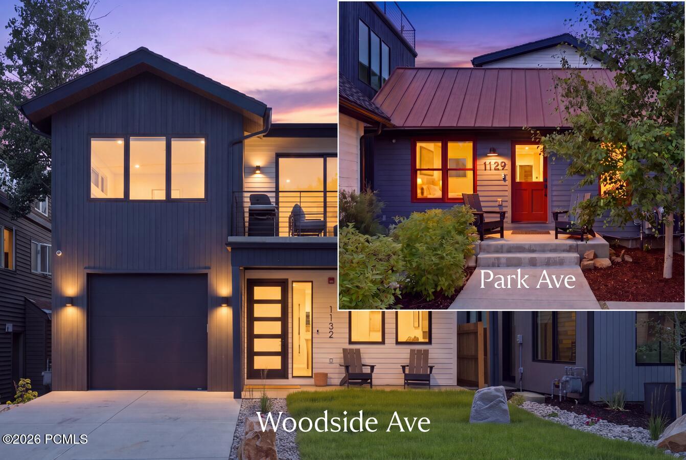 Two Park City homes at dusk, including a modern house with a garage and a blue cottage with a red door.