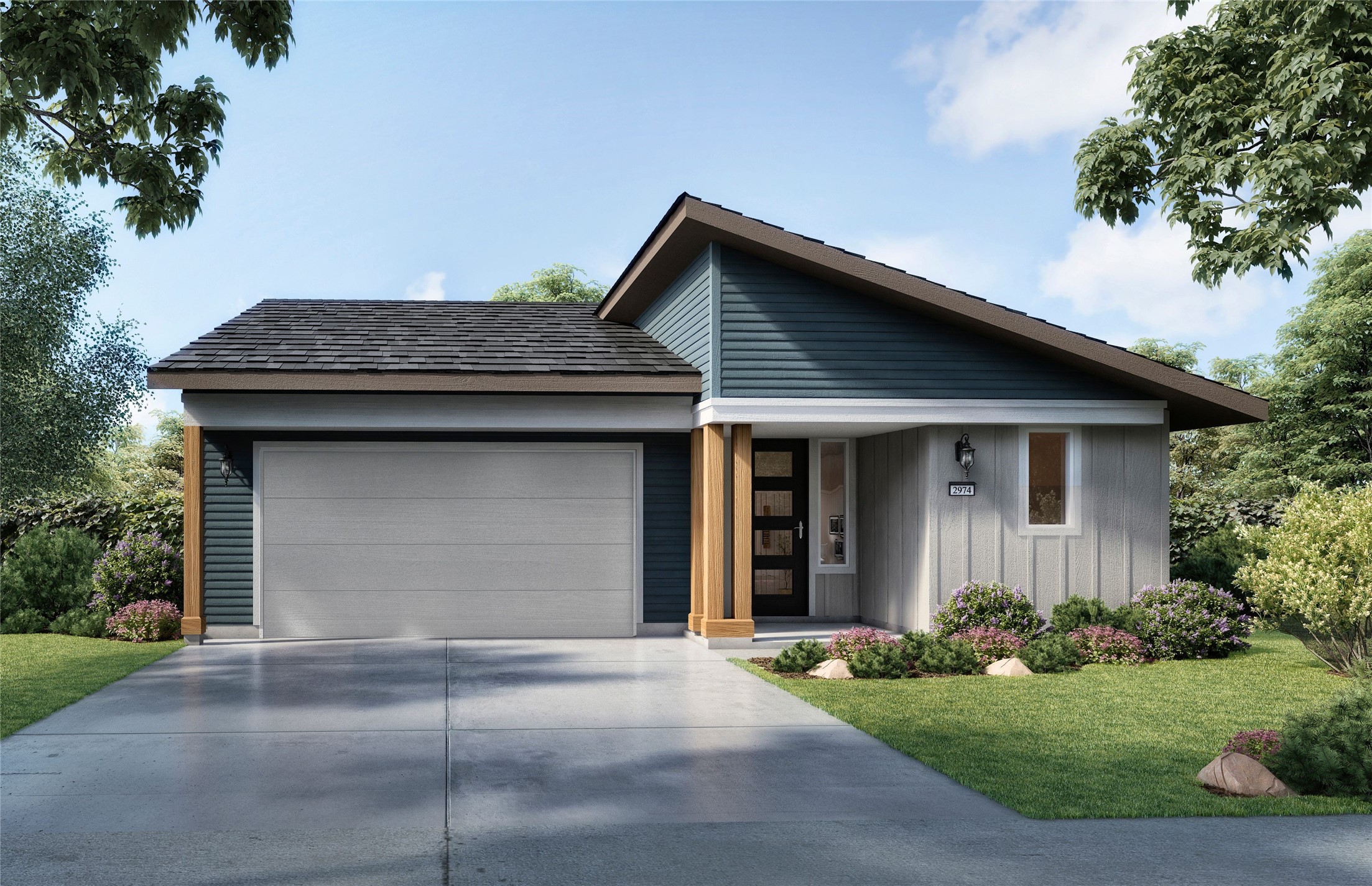 Modern single-story home with a two-car garage, covered entry, and landscaped front yard.