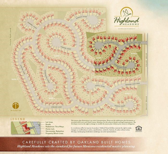 Highland Meadows subdivision map showing Lomond Court, curved residential streets, lots, and a legend.