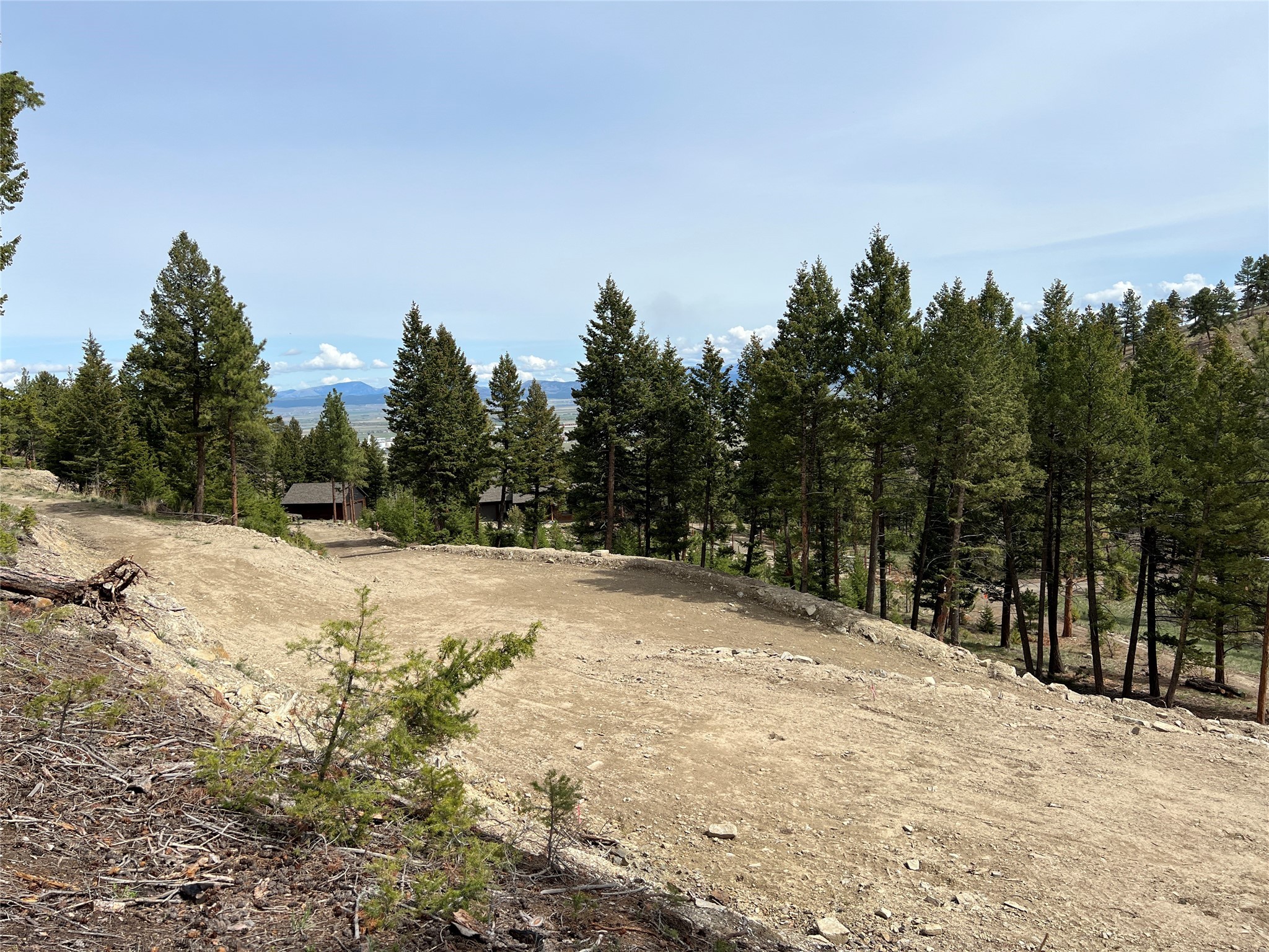 Cleared hillside lot surrounded by evergreen trees, with a distant mountain valley view.